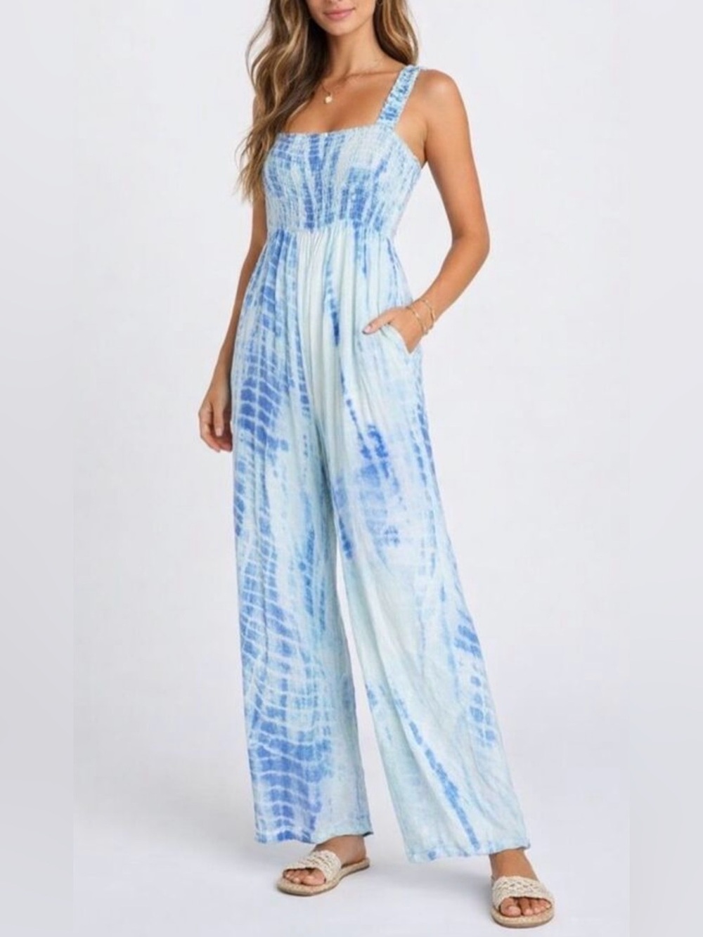 Kos Resort Blue Turquoise Tie Dye Beachy Lightweight Smocked Top Jumpsuit S-L